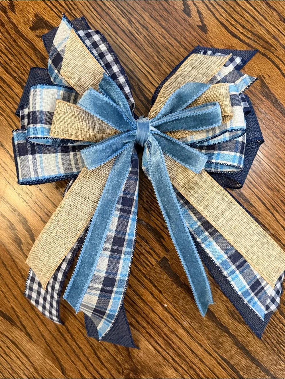 Blue Plaid Burlap & Velvet Layered Decorative Bow